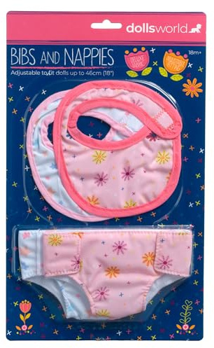 DOLLSWORLD från Peterkin | Haklappar och blöjor | 2 tyghaklappar och 2 tygblöjor, lämpliga för dockor upp till 46 cm (18 tum) | Dockor & tillbehör | Åldrar 18 m+