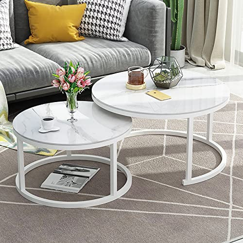 Juego de mesa de centro anidable con parte superior de cristal efecto mármol, elegante marco de metal redondo blanco, mesas apilables para oficina en casa o sala de estar, tamaños 70 cm negro + 50 cm