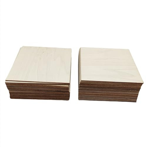 50 Stück unlackierte Holzplatten, 12,5 x 12,5 x 0,2 cm, quadratische Sperrholzplatten, Holzbretter für Bastelarbeiten, Malen, Gravieren