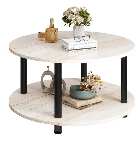 VERFARM Couchtisch Rund, 2 Ablagen, Wohnzimmertisch, Beistelltisch, Kaffeetisch, Sofatisch, für Wohnzimmer, Schlafzimmer, stabiles Metallgestell/MDF Platte, 60 x 60 x 48.5 cm, Eiche-schwarz