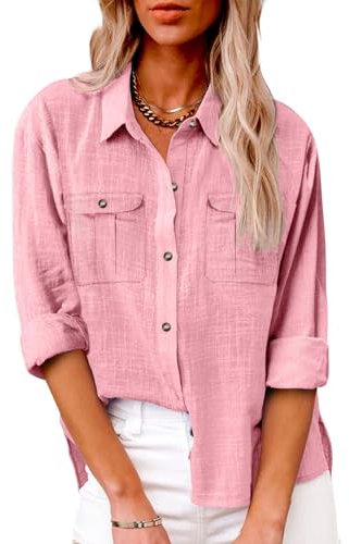 Chemise Femme Tunique Femme Lin Manche Longue Chemisier Blanc Femme Grande Taille Chemisiers Et Blouses Femme Chemise Femme Manche Longue Chemise Oversize Femme Rose Tee Rose M
