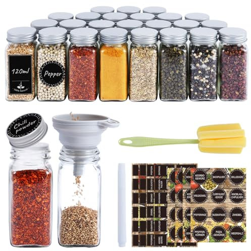 Ferghana Gewürzgläser Eckig Set，24x120ml Gewürzdosen Set，Spice Jars mit Streueinsatz，Etiketten，Reinigungsbürste，Trichter，Stift，Starke Versiegelung Gewürze Organizer，Gewürzstreuer，Gewürzbehälter