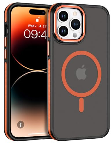 VENINGO Compatible with MagSafe for iPhone 14 Pro Max Case,Matte Translucent Shockproof Protective Women Man Girls Magnetic Case for iPhone 14 Pro Max, Black/Orange