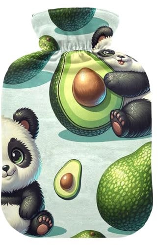 Cute Panda Avocado Hot Water Bottles with Soft Velvet Cover Hot Water Bag for Menstrual Cramps, 1 Liters