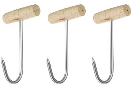 sourcing map 3 ganci a T in acciaio inox da 7,7 mm, manico a forma di T, con manico in legno, per cucina, macelleria, ristorante, barbecue