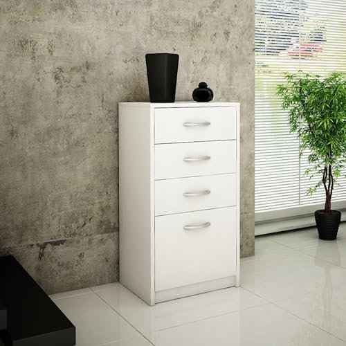 Home Collective Kommode mit 4 Schubladen in matt Kommode 45cm breit Holz Schrank Kommode mit Schubladen Sideboard Highboard Anrichte Schlafzimmer Wohnzimmer Flur Büro Organizer weiß