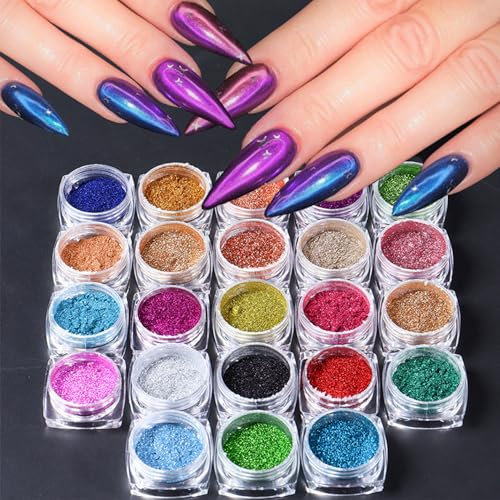 Bellecrey 23 Colors Chrome Nail Powder Kit Metallic Mirror Holographic Iridescent High Gloosy Nail Art Chrome Powder Decoration