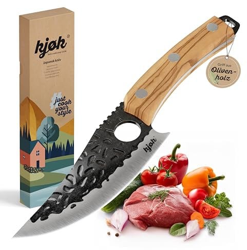 kjøk Premium Küchenmesser, scharfes Messer, Härte 58±2 HRC, Japanmesser, Grillmesser mit Loch und Griff aus Olivenholz - japanisches Chefmesser für Küche und Outdoor Kochmesser für BBQ