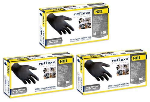 Generico Guanti Nitrile Nero Reflexx N81, Guanti Monouso Nitrile (100/300/1000 Pezzi) Guanti Usa e Getta per Alimenti, Uso Ho.Re.Ca. (300 Pezzi, Taglia M)