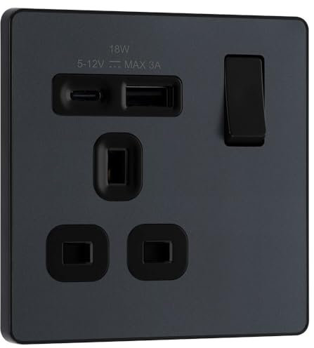 BG Electrical Single Switched Power Plug Wall Socket with Type A USB and Type C USB Charging Ports, Fast Charge, Screwless Front Plate, Evolve, Matt Grey, 13A, 18W, PCDMG21UAC18B