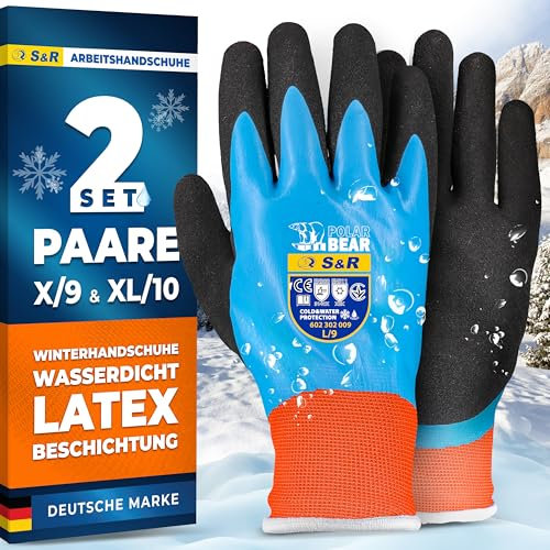 S&R Winterhandschuhe – Wasserdichte Schutzhandschuhe mit Latexbeschichtung & Acrylfutter, Abriebfest & Grip für Kälteschutz bei Arbeit, Heimarbeit, Gartenarbeit & Baustelle, Größe 9 & 10