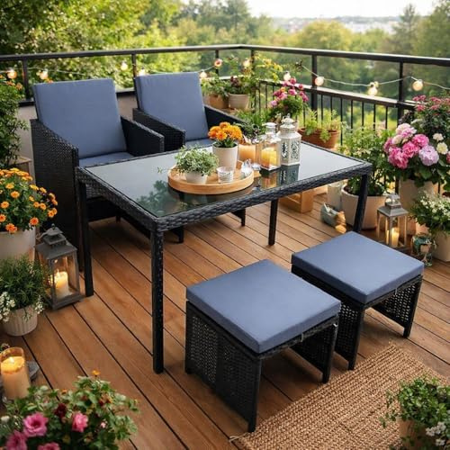 ESTEXO Polyrattan Sitzgruppe Gartenmöbel Set Essgruppe Gartenset Rattanmöbel Rattan Set Hocker Gartenstühle Gartentisch (4 Personen)
