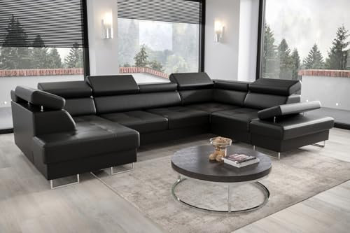 Friderik Ecksofa Galaxy Max II U-Form mit Schlaffunktion & Bettkästen – Stoff Madrit, verstellbaren Kopfstützen & Armlehne (Schwarz, Rechts)