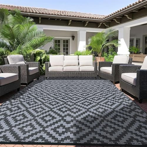Alishomtll Outdoor 180x275cm Teppich Wetterfest, PP Wasserdichter Kunststoff Terrasse Teppich, Garten Balkon Wendbar UV beständige Carpet, Außenteppich Camping für BBQ Picknick, Grau Schwarz