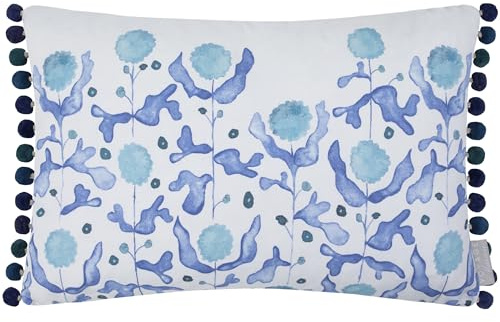 Voyage Maison Mariani Feather Filled Cushion – Coastal Floral Watercolour Printed Cotton Linen Pom Pom Trim Decor (Cobalt - 40x60cm)