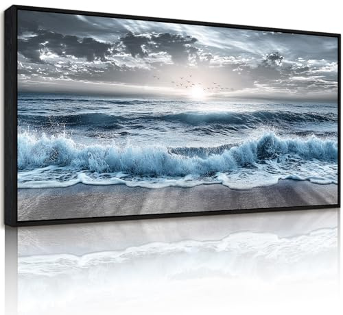 JHHUAMO Strand Meer Bilder mit Rahmen Wohnzimmer Schlafzimmer 50x100 cm | Sonnenaufgang-Meeresmotiv, Hochwertiger Druck, Exquisite Handwerkskunst, Einfache Montage, Vielseitig Einsetzbar