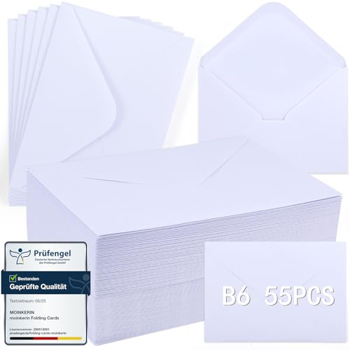 moinkerin 55 Stück Briefumschläge ohne Fenster aus Kraftpapier | DIN B6 130 g/m² Braune | 55 Stück mit Nassklebung | Für DIY, Hochzeit, Geburtstag (B6-Weiß, 55)