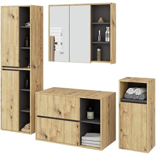 AKORD Badezimmer Komplett Set - Hängendes Badezimmermöbel-Set mit Spiegelschrank, Hängeschrank, Hochschrank & Unterschrank - Badmöbel - Artisan-Eiche & Graphitgrau