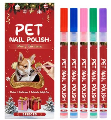 Manolyee Dog Nail Polish Pens - Waterproof 5-Piece Quick-Dry,Christmas Cat Friendly Nail Dye - for Small Medium Large Breed Daily Travel Holiday Birthday Party Photoshoot Events