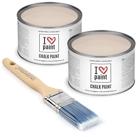 I Love Chalk Paint Rosa Antico – Set Risparmio 2 Barattoli + Pennello – 750 ml totali – Vernice Effetto Gesso per Mobili – Chalk Paint Pittura Tutto Senza Carteggiare