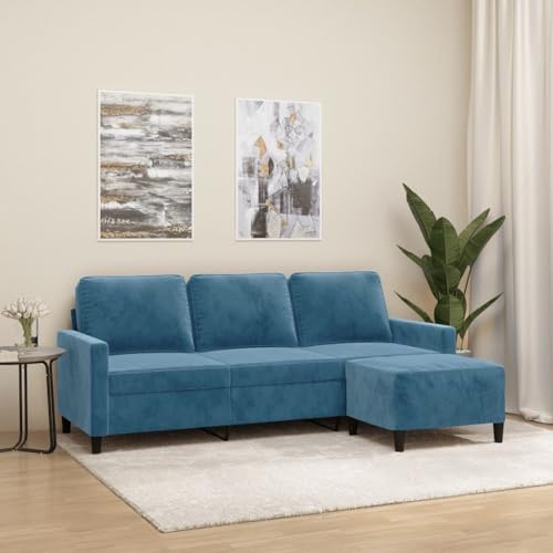 GeenYuu 3-Sitzer-Sofa mit Hocker, Blau, 180 cm, Samt, Robustes Metallgestell, bequemer Sitz für Wohnzimmer, Schlafzimmer, vielseitig