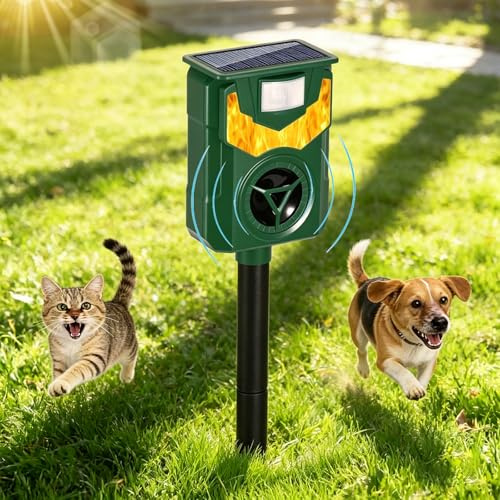 Cat Repellent for Gardens, Solar Cat Repellent & USB Powered Animal Repeller with Flame Flashing Light Alarm & PIR Sensor 2 Modes IP44 Waterproof Ultrasonic Pest Repeller for Cats, Dogs, Fox, Bird