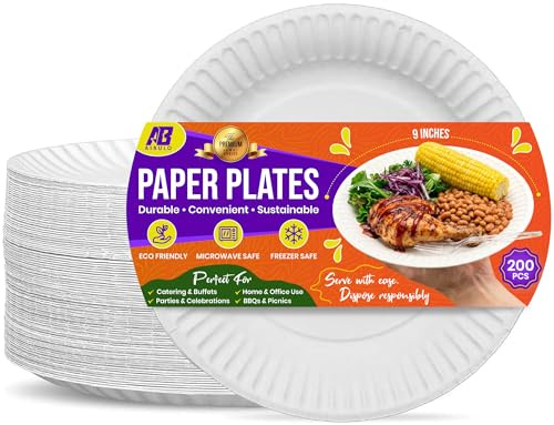 AIBULO 200 Pack Paper Plates 9 Inch (23cm) Disposable Party Plates - Strong Heavy Duty White Plates for BBQ, Picnic, Birthday, Events - Recyclable Paper Plates for Hot & Cold Food