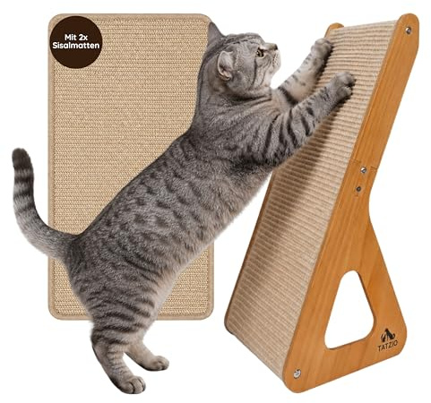 TATZIO Kratzbrett Katze aus Holz, 62cm, 2X Sisalmatten mit Klettverschluss, Senkrecht & Horizontal nutzbar, Kratzmöbel für Wohnungskatzen, L-Förmig bis 5 Kg