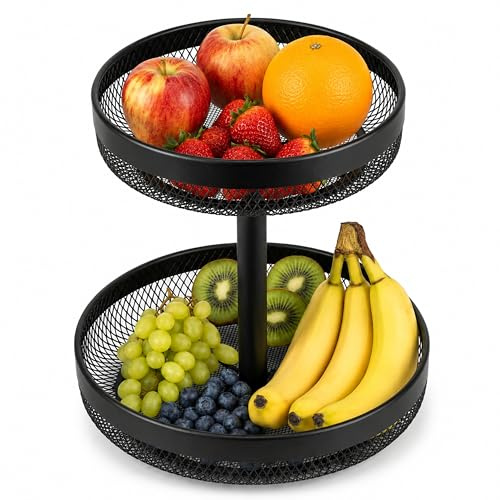 URMONA 2-stöckiger Obstkorb, runde Obstschale aus Metall für Küche, Schwarz | Platzsparender Brotkorb und Snack Organizer für Obst, Gemüse und Gebäck auf Arbeitsplatte, Esstisch oder im Wohnzimmer
