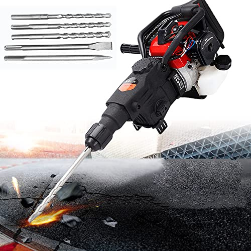 Gasoline Rock Drill 1800W Impact Hammer, 32.7cc 2-Stroke Blasting Hammer with 3 Drill Bits for Rock and Stone Breaking