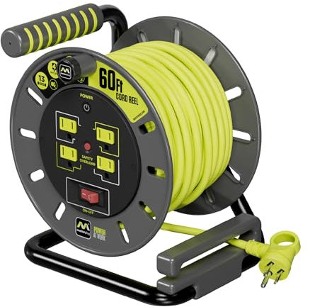 Masterplug 60ft Cord Reel, Retractable Extension Lead with Winding Handle, Safety Overload Circuit Breaker and Power Switch, 4X Grounded Outlets, 13amps, 14AWG Cable