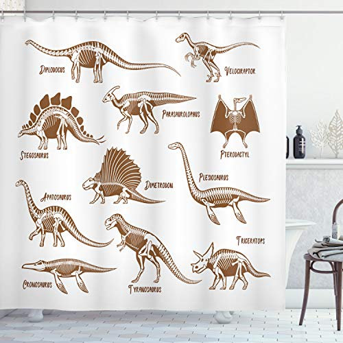 ABAKUHAUS Velociraptor Duschvorhang, Reptile Dinos, Stoffliches Gewebe Badezimmerdekorationsset mit Haken, 175 x 180 cm, Braun und weiß