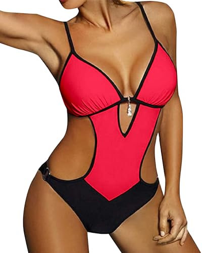 JFAN Costumi da Bagno Interi Donna Trikini Costume da Mare Spiaggia Piscina Sexy Costume da Bagno Intero Donna con Push-up Imbottitura, M -Rosa Rossa