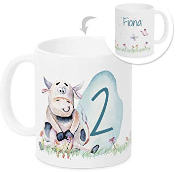 GRAZDesign Kuh Tasse Kindertasse mit Namen und Zahl | Lustige Kuh | personalisierte Tasse Mädchen Junge Trinkbecher Kindergeschirr Becher Keramik BPA-frei, 330ml