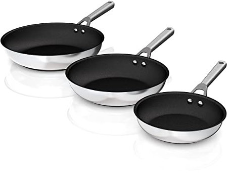 Ninja C63000 Foodi NeverStick Stainless 8-Inch, 10.25-Inch, & 12-Inch Fry Pan Set, Polished Stainless-Steel Exterior, Nonstick, Durable & Oven Safe to 500°F, Silver