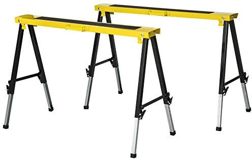 DURHAND Lot de 2 tréteaux pliables télescopiques réglable en hauteur poignée transport dim. 100L x 60l x 62-90H cm surface antidérapante métal noir jaune
