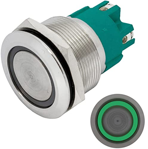 Lumonic Interruttore a pulsante in acciaio inox piatto diametro 25mm I Con un LED ad anello in verde Dimensioni: Morsetto a vite 250V 3A I Antivandalo secondo standard IP65