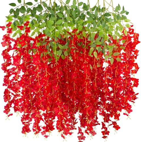 AIBAOBAO 12PCS Artificial Flowers Wisteria, Fake Flowers Vine Garland, Hanging Trailing Plants Bush String Flower for Wedding, Party, Ceremony, Home, Garden, Outdoor, Indoor Decoration (Red)