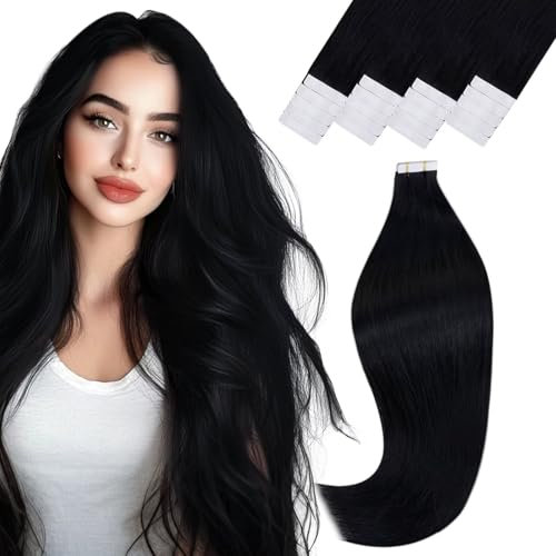 Vivien Echthaar Extensions Tape 50cm Schwarz Tape Extensions Echthaar Tiefschwarz Menschliches Haar #1 50g 50cm 20Pcs