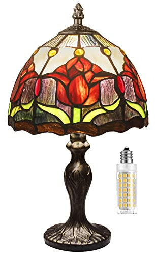 MIAOKE Tiffany Style Tischlampe, VintageTischlampe Handcraft Glasmalerei Lampenschirm Tischlampen für Schlafzimmer Nachttischlampe Arbeitszimmer Office (Red)