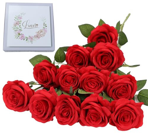 LVEFIT Lot de 12 roses artificielles rouges en soie avec longue tige pour mariage, fête prénuptiale, décoration d'intérieur