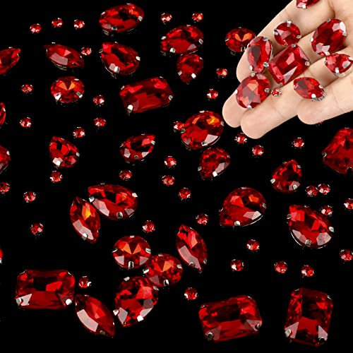 186 Stück Glas-Strasssteine, Klarer Kristall, Metall-Krallen-Strasssteine, Glas-Näh-Edelsteine, Krallen-Strasssteinezum Aufnähen, für Bastel-Dekoration, Kleid-Näh-Dekoration (Rot)