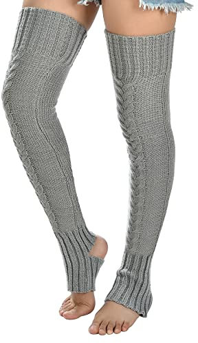 Women's Cable Knitted Thigh high Leg Warmers Extra Long Stirrup Over Knee High Warm Footless Socks Stockings, Grey-826, One Size