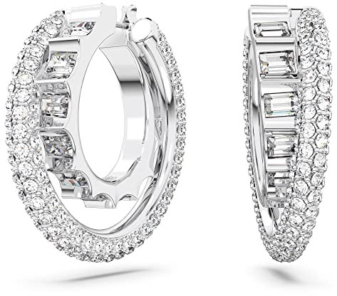 Swarovski Rota Ohrringe, Weiße und Rhodinierte Kreolen im Baguette-Schliff mit Strahlenden Swarovski Kristallen