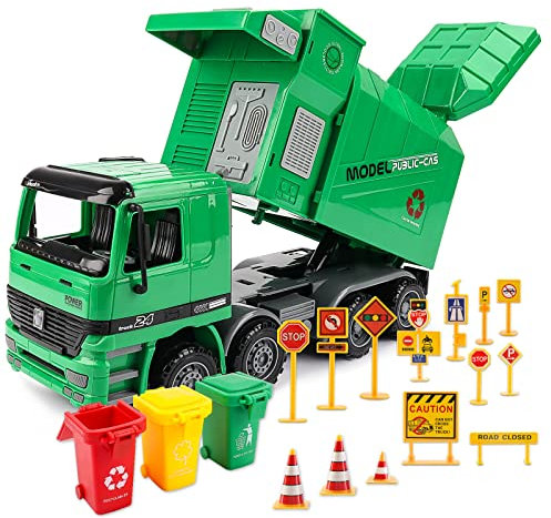 deAO Camion Benne à ordures de Construction à Propulsion par Friction avec Trois poubelles capteur Automatique à inertie et des Fonctions