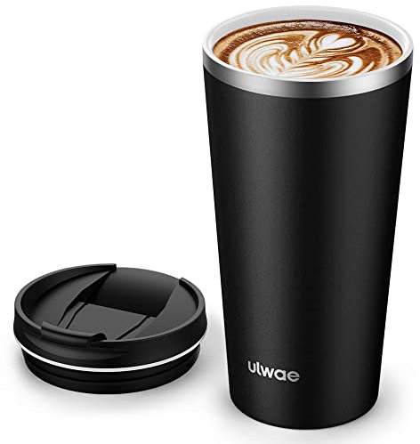 ulwae Insulated Coffee Mug with Ceramic Coating, 18oz Travel Mug with Leak-proof Lid, Vacuum Double-wall Tumbler, Stainless Steel Thermal Cup for Tea, Hot Cocoa, Cold Beverage, Ice Drinks