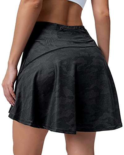 HLZOYOO Damen Tennisrock Hohe Taille Plissee Athletic Skorts Röcke für Frauen mit Taschen Sport Freizeitröcke, Camouflage schwarz, Groß