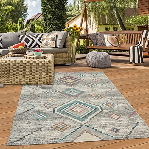 In- & Outdoor Teppich für Terrasse oder Wohnzimmer mit Rautenmuster Creme-grün, 200 x 290 cm