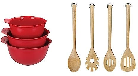 KitchenAid Rührschüsseln 3er-Set - Empire Rot + 4er-Set Birkenholz Zubehörset