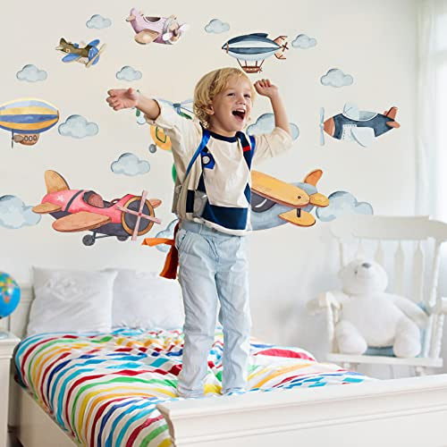 SUPERDANT Aquarell Flugzeug Wandtattoo Flugzeug Wandsticker Wohnzimmer Bunte Wolken Niedlicher Wandsticker Hubschrauber Wandaufkleber Für Kinderzimmer Kindergarten Klassenzimmer Spielzimmer Decor